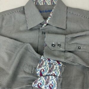 Robert Graham L/S button down shirt-herringbone blk/wht check/paisley cuffs-M/L